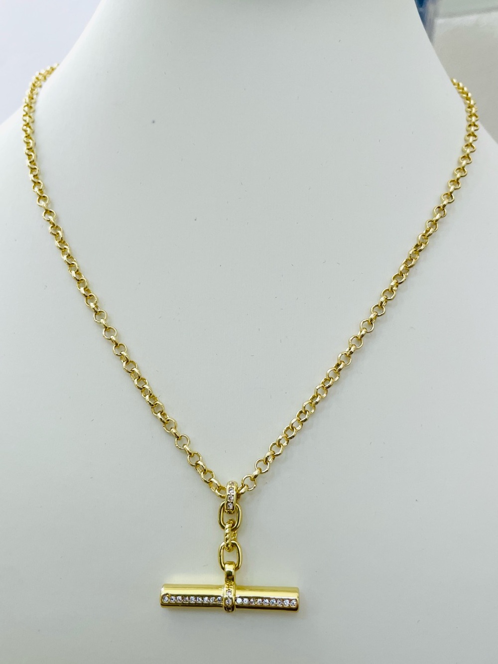 Gold CZ Toggle Necklace with Rolo Chain